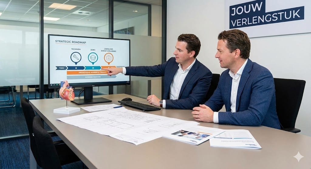 sessie met marketingbureau brainstorm aan tafel en presentatie op scherm